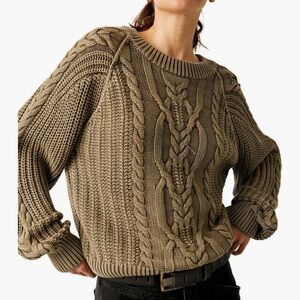 Free People Frankie Cable Cotton Sweater - Olive Stone